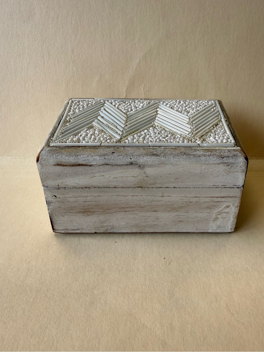 White Washed Rustic Decorative Wood Trinket Box with Beaded Chevron Lid.